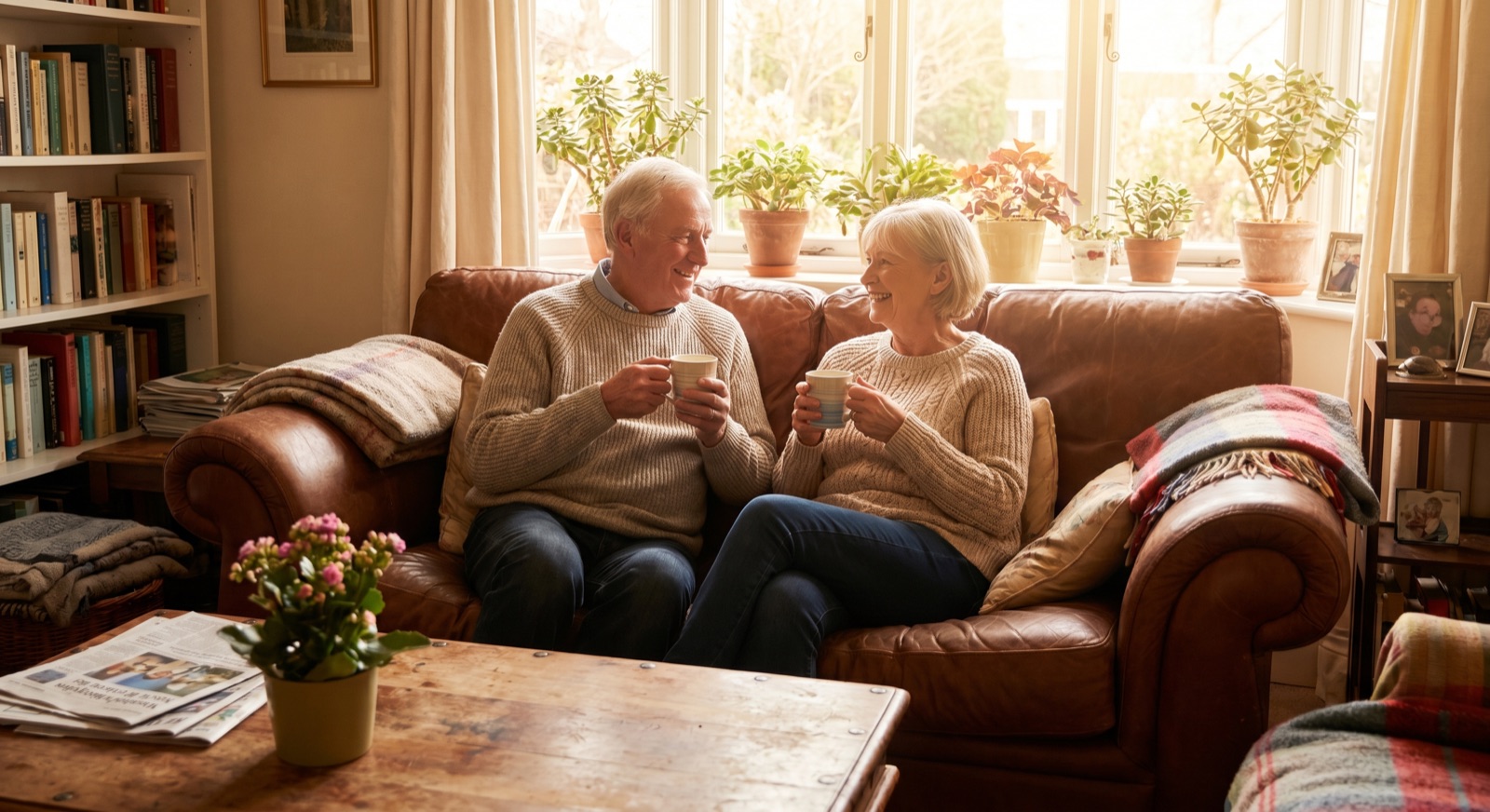 Retired couple enjoying coffee together in the living room of their home